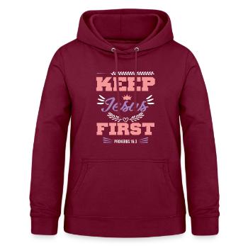 jesus first bibelvers spruch - Frauen Hoodie - Bordeaux - Vorne - AI Model Female 172 light (172cm)