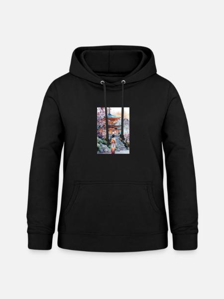 Kimono-Pagode und Kirschbäume - Frauen Hoodie - Schwarz