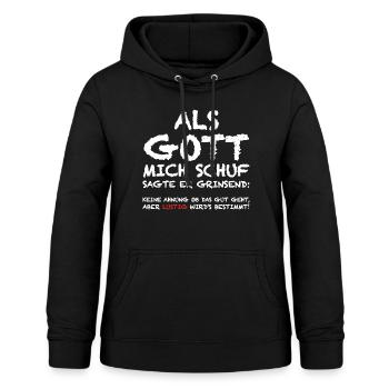 Als Gott mich schuf | lustige Sprüche, Sarkasmus - Frauen Hoodie - Schwarz - Vorne - AI Model Female 172 light (172cm)