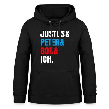Die Drei ??? Justus& Peter& Bob& Ich - Frauen Hoodie - Schwarz - Vorne - AI Model Female 172 light (172cm)
