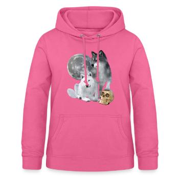 Loups, blancs, gris, lune, crâne - Sweat à capuche Femme - rose - Devant - AI Model Female 172 light (172cm)