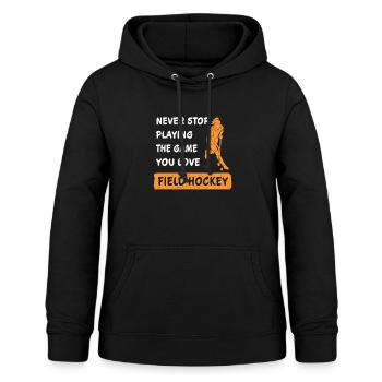 Never stop playing the game field hockey saying - Women's Hoodie - black - Front - AI Model Female 172 light (172cm)