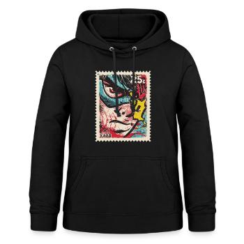 Comic-Held als Retro-Briefmarke - Frauen Hoodie - Schwarz - Vorne - AI Model Female 172 light (172cm)