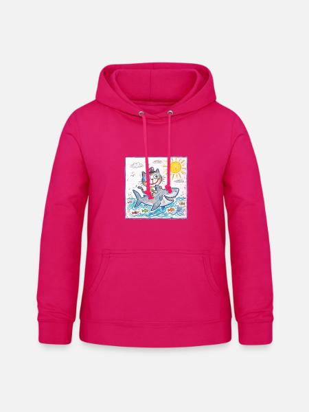 Katze reitet Haifisch - Frauen Hoodie - dunkles Pink