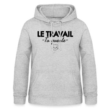 Le travail ta gueule. Humour noir - Sweat à capuche Femme - gris clair chiné - Devant - AI Model Female 172 light (172cm)