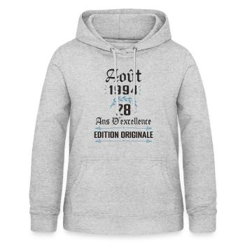 28 ans anniversaire aout 1994 - Sweat à capuche Femme - gris clair chiné - Devant - AI Model Female 172 light (172cm)