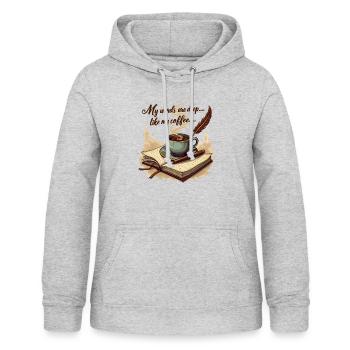 Gedichte Schreiben - Les mots sont profonds comme mon café - Sweat à capuche Femme - gris clair chiné - Devant - AI Model Female 172 light (172cm)