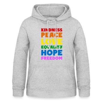 KINDNESS PEACE LOVE EQUALITY HOPE FREEDOM - Frauen Hoodie - Hellgrau meliert - Vorne - AI Model Female 172 light (172cm)