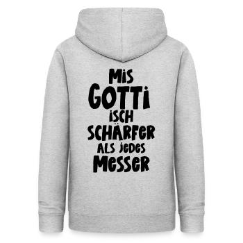 Mis Gotti isch schärfer als jedes Messer - Frauen Hoodie - Hellgrau meliert - Hinten - AI Model Female 172 light (172cm)