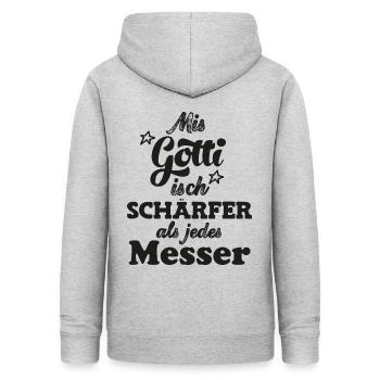 Mis Gotti isch schärfer als jedes Messer - Frauen Hoodie - Hellgrau meliert - Hinten - AI Model Female 172 light (172cm)