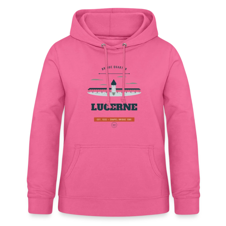 Lucerne badge on a women's hoodie, pink