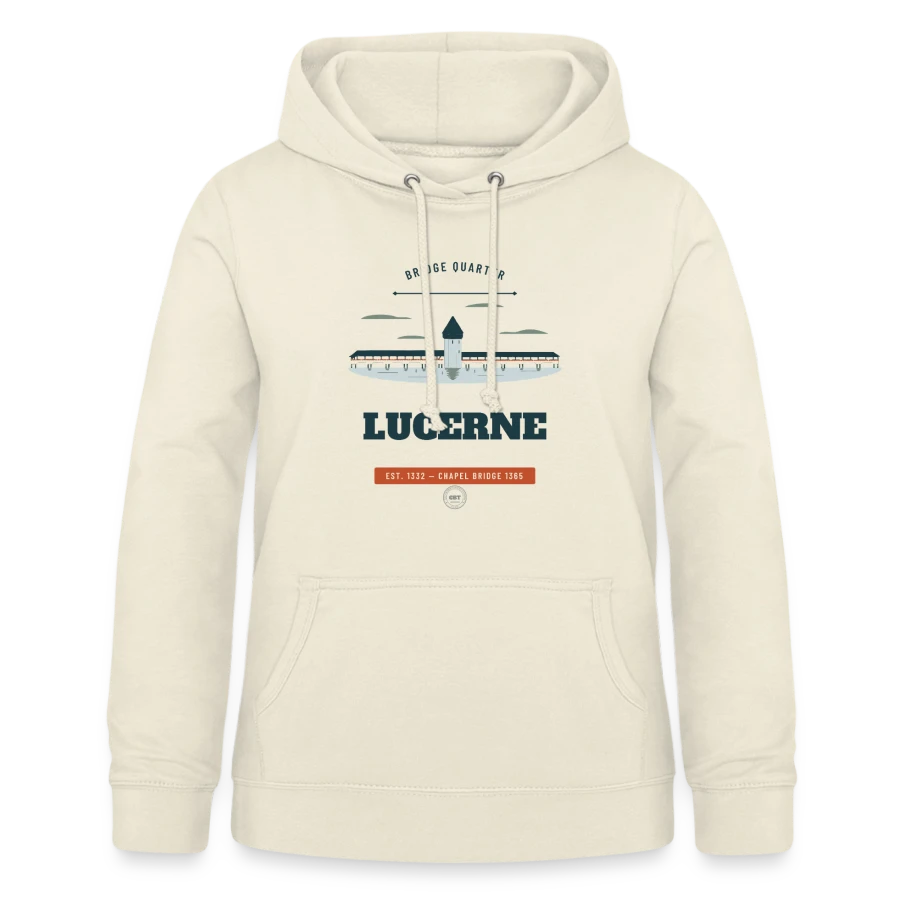 Lucerne badge on a women's hoodie, vanilla