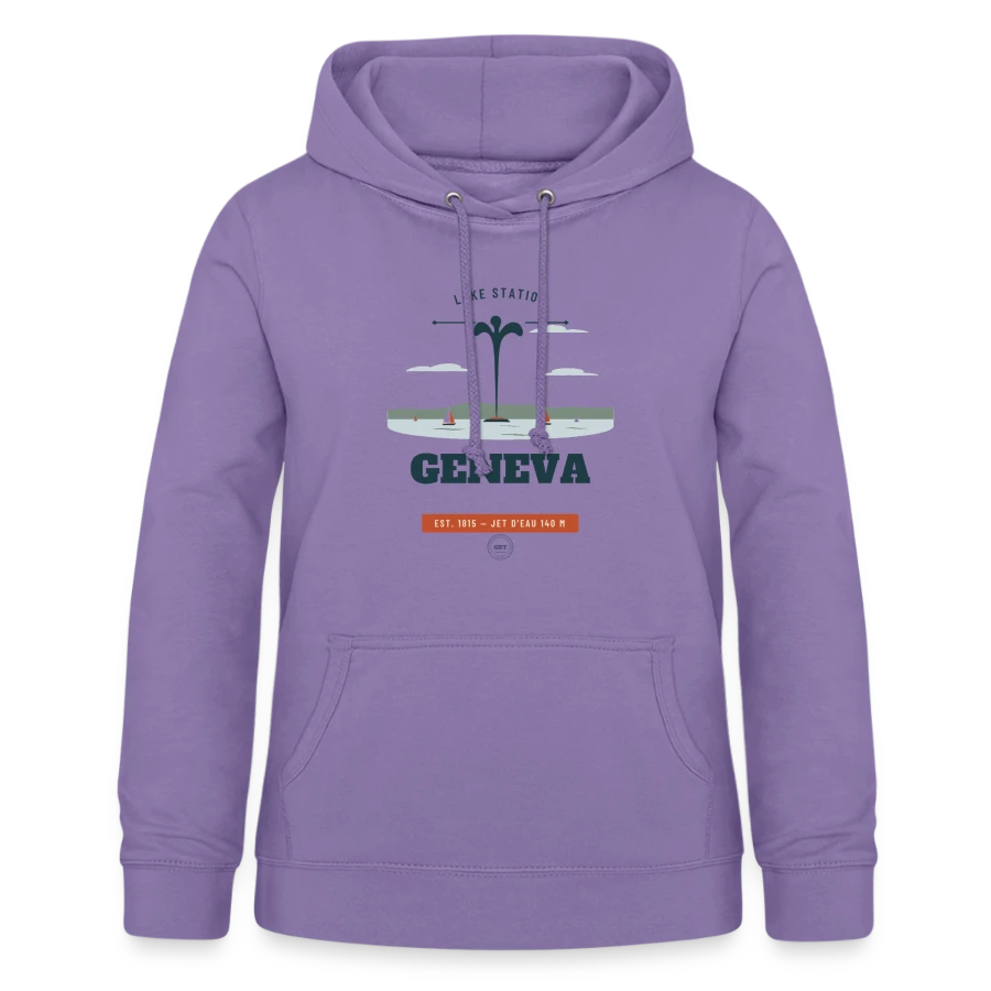 Geneva badge on a women's hoodie, lavender