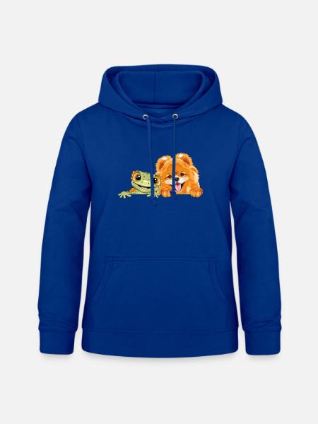 Peeking_Pomeranian_dog_and_funny_smiling_gecko - Frauen Hoodie - Royalblau