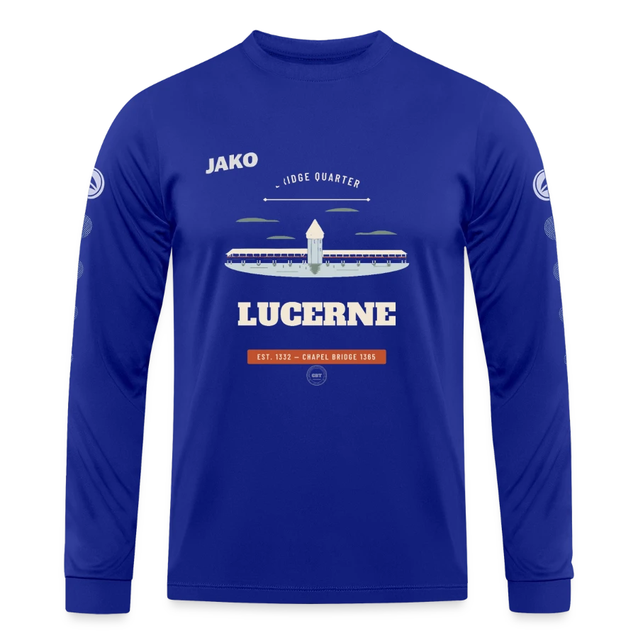 Lucerne badge on a jako jersey team long sleeve, royal blue