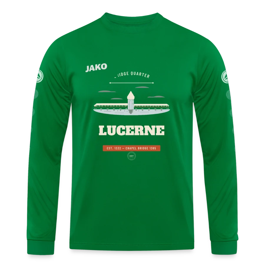 Lucerne badge on a jako jersey team long sleeve, kelly green