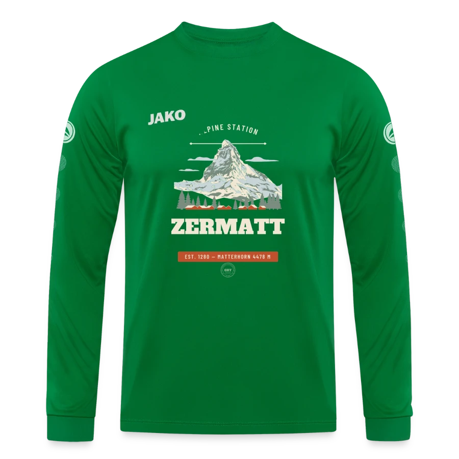 Zermatt badge on a jako jersey team long sleeve, kelly green
