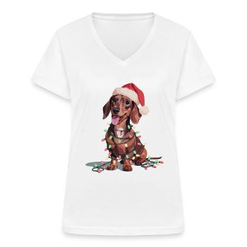 Dackel mit Weihnachtslichtern und Santa-Hut - Frauen-T-Shirt mit V-Ausschnitt - Weiß - Vorne - Lela (165cm)