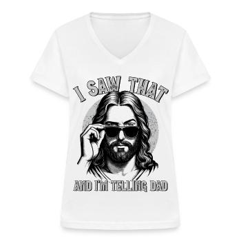 Jésus, j’ai vu ça, je dis à papa, Jésus-Christ - T-shirt col V Femme - blanc - Devant - Lela (165cm)