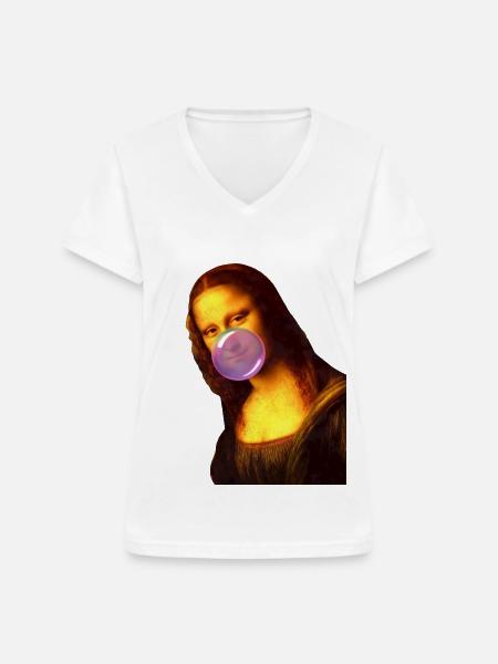 Mona Lisa Kaugummi Bubble - Frauen-T-Shirt mit V-Ausschnitt - Weiß
