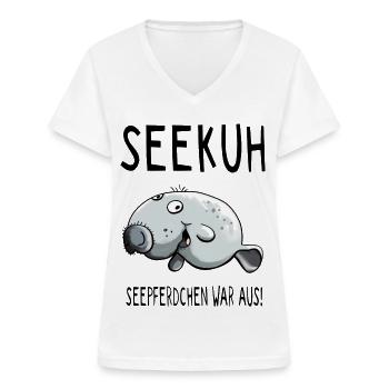 Fröhliche Seekuh - Seekühe - Sirenia - Comic - Frauen-T-Shirt mit V-Ausschnitt - Weiß - Vorne - Lela (165cm)