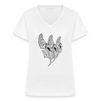 Dreifache Zier- / Polynesische Maori-Feder - Frauen-T-Shirt mit V-Ausschnitt - Weiß - Vorne - Lela (165cm)