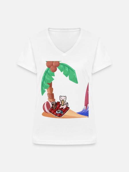 Katze Picknick Insel Urlaub - Frauen-T-Shirt mit V-Ausschnitt - Weiß