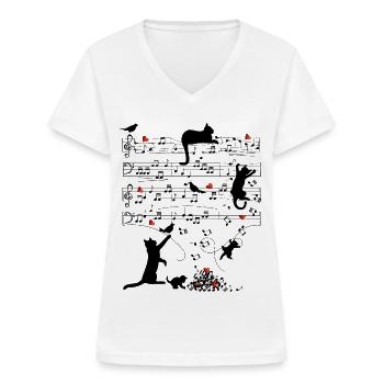 Notenblatt Katzen Herzen Musik Amsel - Frauen-T-Shirt mit V-Ausschnitt - Weiß - Vorne - Lela (165cm)