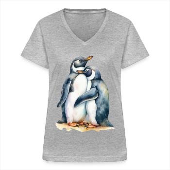 Des pingouins blottis les uns contre les autres - T-shirt col V Femme - gris chiné - Devant - Lela (165cm)