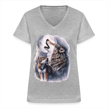 Wölfe & Vollmond – Mystische Wildnis - Frauen-T-Shirt mit V-Ausschnitt - Grau meliert - Vorne - Lela (165cm)
