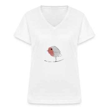 Rouge-gorge sur branche super motif d’été - T-shirt col V Femme - blanc - Devant - Lela (165cm)