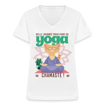 Joga chat chamaste humour yoga namaste cadeau - T-shirt col V Femme - blanc - Devant - Lela (165cm)
