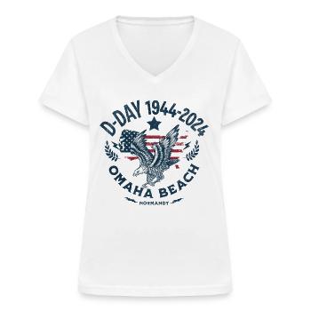 D DAY 1944 2024 Omaha Beach - T-shirt col V Femme - blanc - Devant - Lela (165cm)