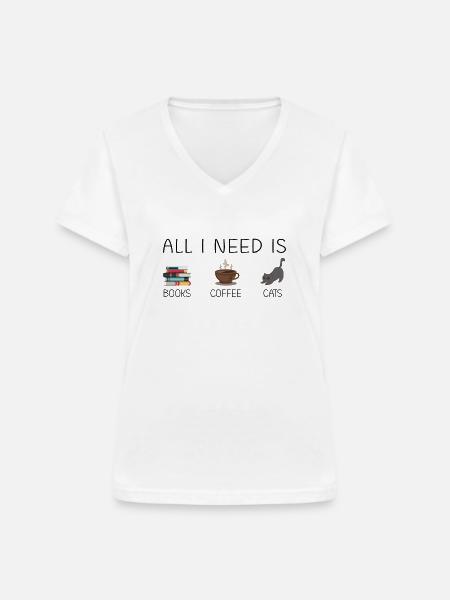 Bücher, Kaffe und Katzen - Frauen-T-Shirt mit V-Ausschnitt - Weiß