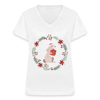 Weihnachten: Kaninchen mit Weihnachtsgeschenk - Frauen-T-Shirt mit V-Ausschnitt - Weiß - Vorne - Lela (165cm)