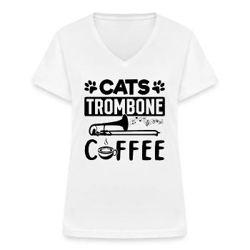 Trombone de café pour chat Tromboniste et amateur de chat Tromb - T-shirt col V Femme - blanc - Devant - Lela (165cm)