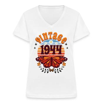 Papillon Année 1944 Femme 80 Ans Anniversaire - T-shirt col V Femme - blanc - Devant - Lela (165cm)