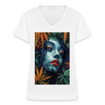 Neon leaf portrait with red lips - Women's V-neck T-shirt - white - Front - Lela (165cm)