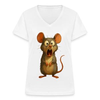 Funny Cartoon Mouse Surprised Comic Animal Motif - Women's V-neck T-shirt - white - Front - Lela (165cm)