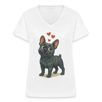 Bulldog in Love Cartoon Hearts - Women's V-neck T-shirt - white - Front - Lela (165cm)