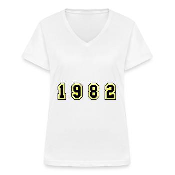 Numéro de l’année 1982 - T-shirt col V Femme - blanc - Devant - Lela (165cm)