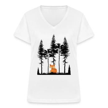 Süßer Fuchs im Wald Retro Muster Vintage Baum Wald - Frauen-T-Shirt mit V-Ausschnitt - Weiß - Vorne - Lela (165cm)