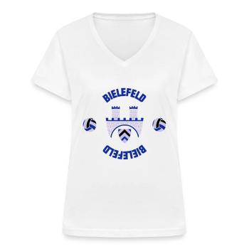 Bielefeld (ID: 001013) - Frauen-T-Shirt mit V-Ausschnitt - Weiß - Vorne - Lela (165cm)