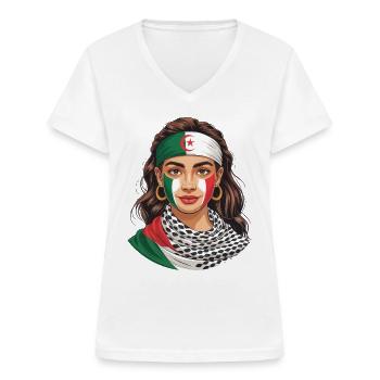 Algérie Femme Algérienne Palestine - T-shirt col V Femme - blanc - Devant - Lela (165cm)