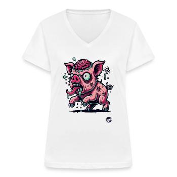 Verrottetes Gehirn – Lustiges Zombie-Schwein - Frauen-T-Shirt mit V-Ausschnitt - Weiß - Vorne - Lela (165cm)