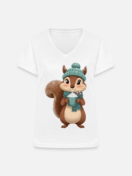 Winterliches Eichhörnchen mit Heißgetränk - Frauen-T-Shirt mit V-Ausschnitt - Weiß
