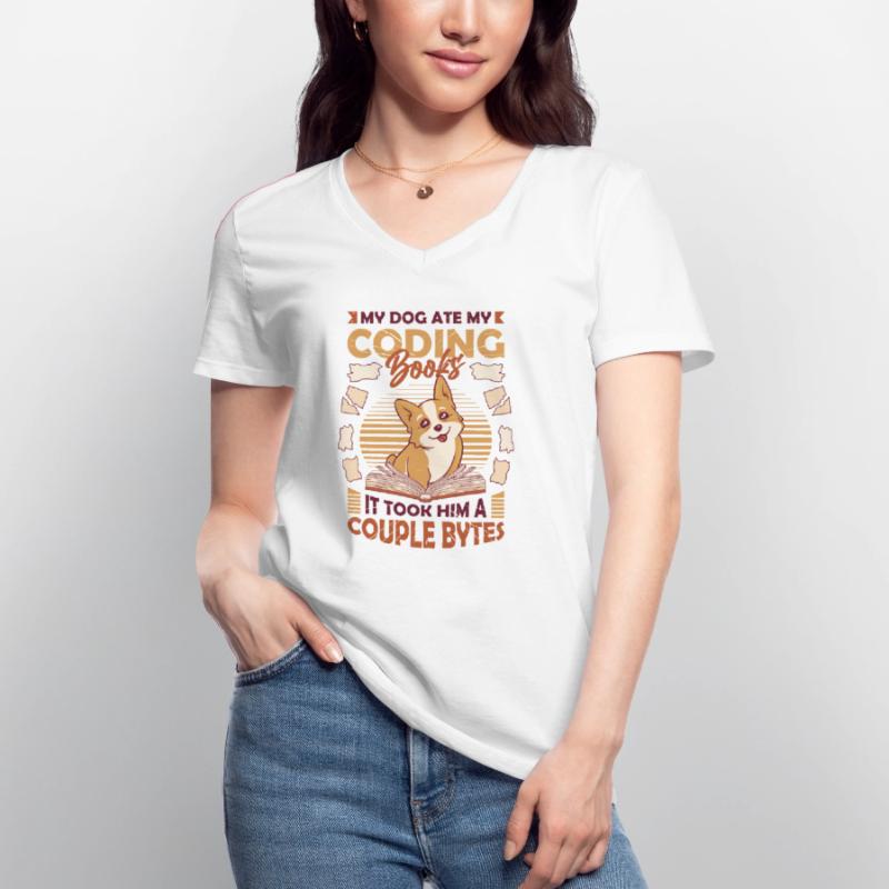 Dog Bytes Code Computer Joke Programmation T-shirt col V Femme