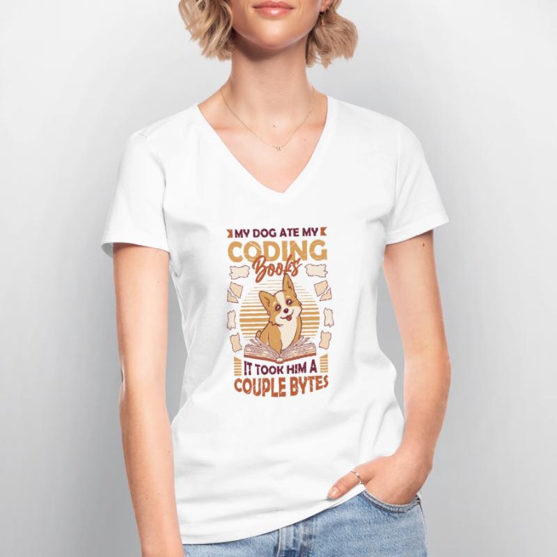 Dog Bytes Code Computer Joke Programming Women's V-neck T-shirt