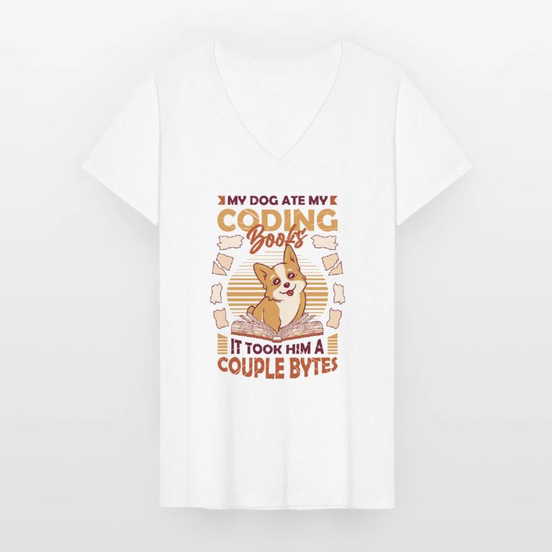 Dog Bytes Code Computer Joke Programming Women's V-neck T-shirt