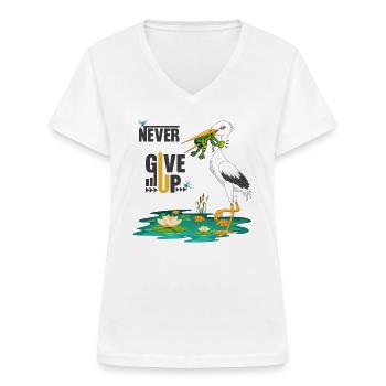 Never Give Up 🐸 Niemals aufgeben Frosch vs Storch - Frauen-T-Shirt mit V-Ausschnitt - Weiß - Vorne - Lela (165cm)